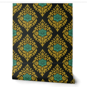 Black, Gold and Jade Rose Damask Wallpaper