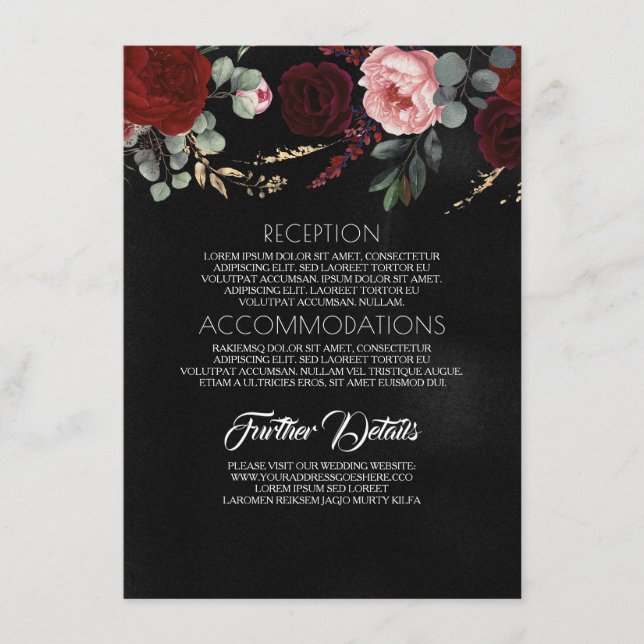 Black Gold and Red Floral Wedding Information Enclosure Card (Front)