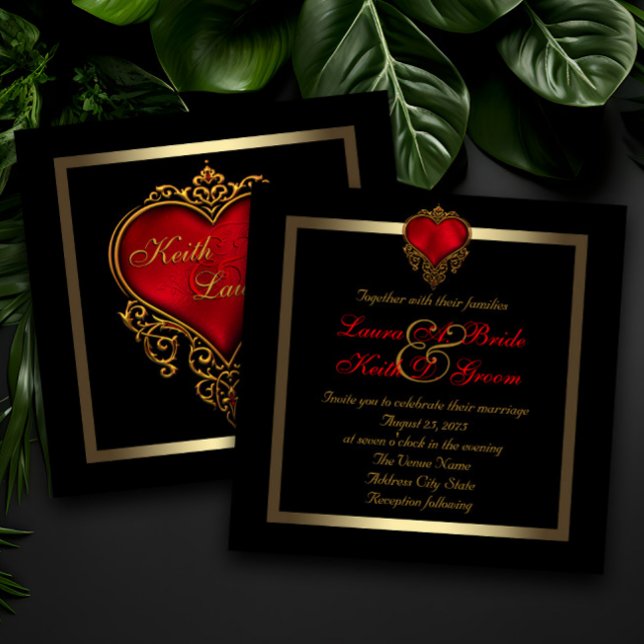 Black Gold and Red Heart Wedding Invitation (Dramatic elegant red, black and gold wedding invitation with beautiful red and gold heart.)