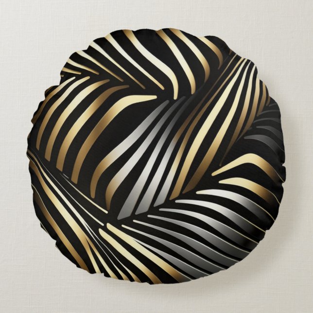Black, gold and silver abstract round cushion (Front)