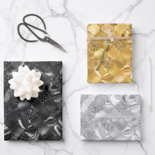 Black, Gold and Silver Moroccan Quatrefoil Wrapping Paper Sheet
