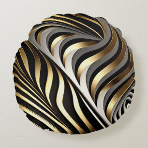 Black, gold and silver original pattern round cushion