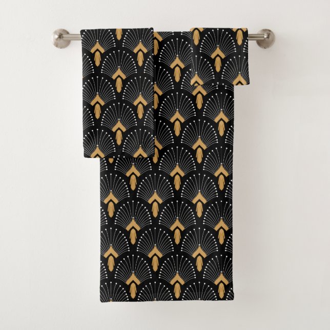 Black, Gold and White Art Deco Fan Flower Motif Bath Towel Set (Insitu)