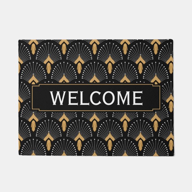 Black, Gold and White Art Deco Fan Flower Motif Doormat (Front)