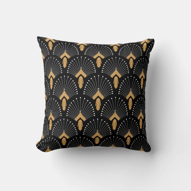 Black, Gold and White Art Deco Fan Flowers Motif Cushion (Front)