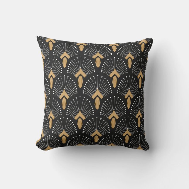 Black, Gold and White Art Deco Fan Flowers Motif Cushion (Front)