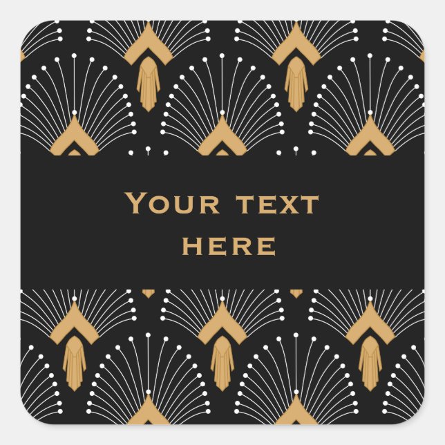 Black, Gold and White Art Deco Fan Flowers Motif Square Sticker (Front)