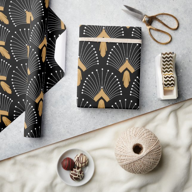 Black, Gold and White Art Deco Fan Flowers Motif Wrapping Paper (Crafts)