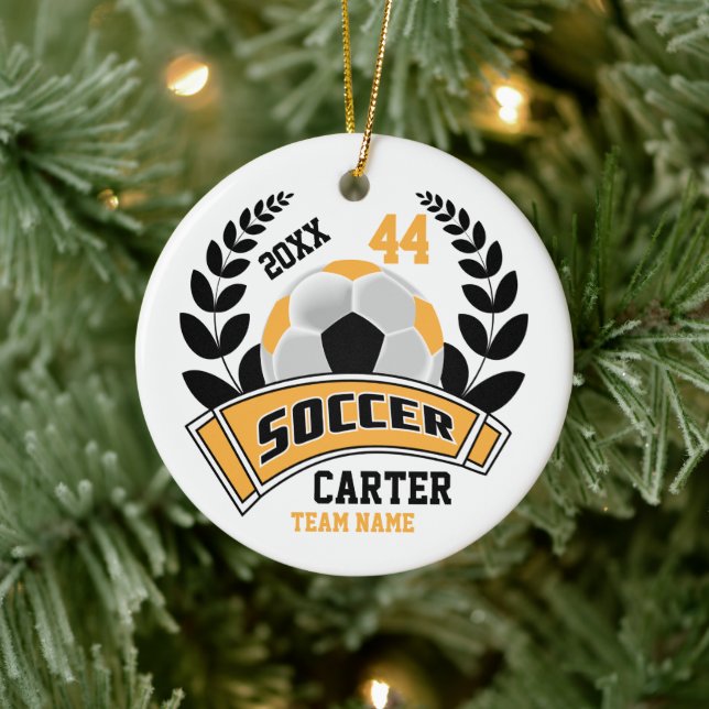 Black, Gold and White Personalise Soccer  ⚽ Ceramic Ornament (Tree)