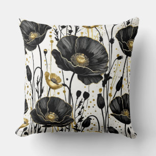 Black, gold and white poppies cushion
