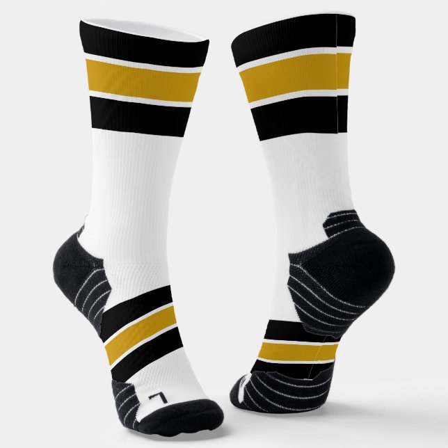 Black Gold and White Striped Design Socks (Angled)