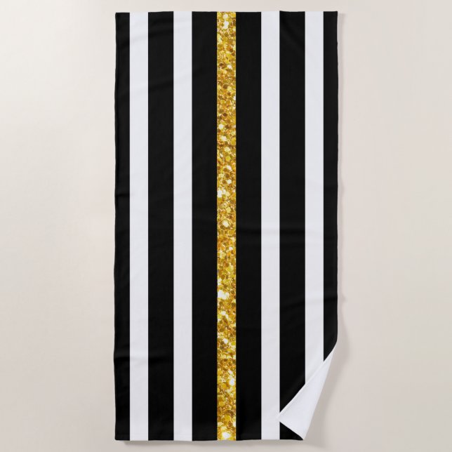 Black Gold And White Stripes Beach Towel (Front)