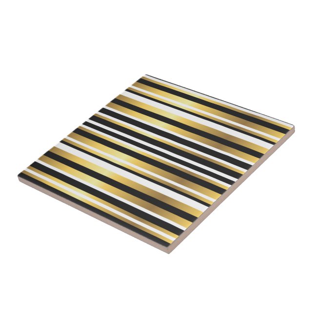 Black, Gold and White Vintage Stripes Ceramic Tile (Side)