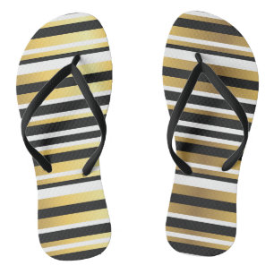 Black, Gold and White Vintage Stripes Thongs