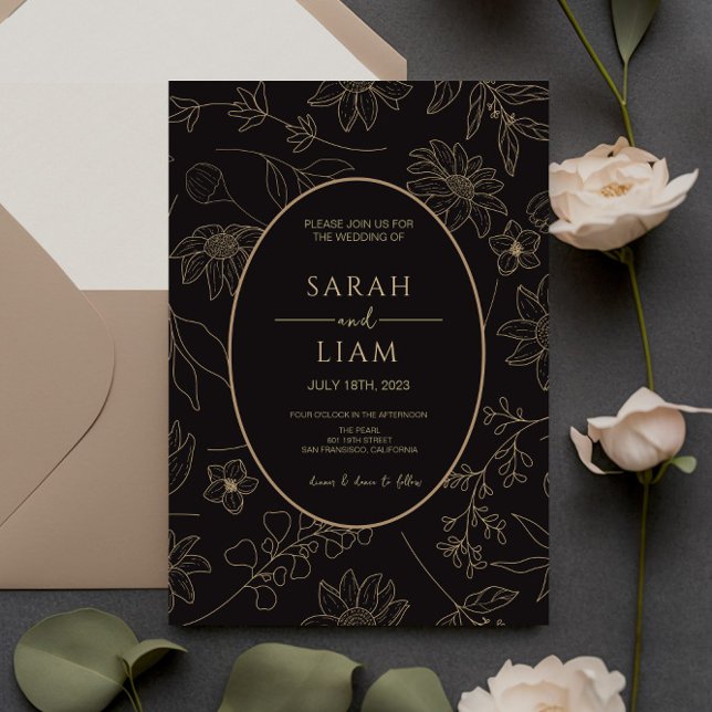 Black & Gold Anemone Line Art Wildflower Wedding  Invitation (Creator Uploaded)