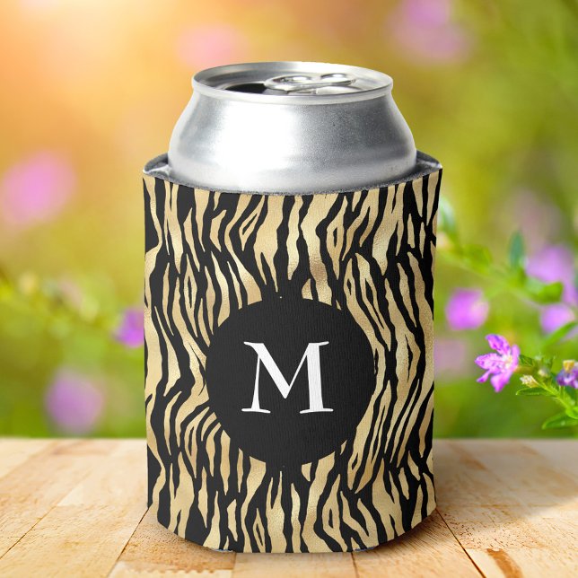Black Gold Animal Print Pattern Monogram Cool Glam Can Cooler (Creator Uploaded)