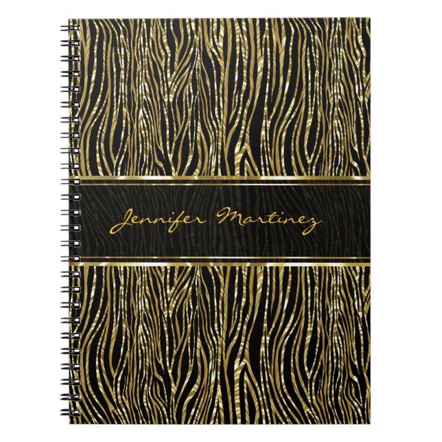 Black & Gold Animal Print Zebra Pattern Monogram Notebook (Front)