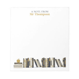 Black Gold Apple Bookshelf Personalized Teacher Notepad