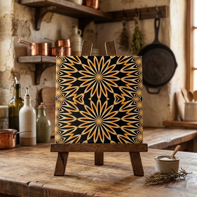Black Gold Arabesque Geometric Mandala Pattern Ceramic Tile (Creator Uploaded)