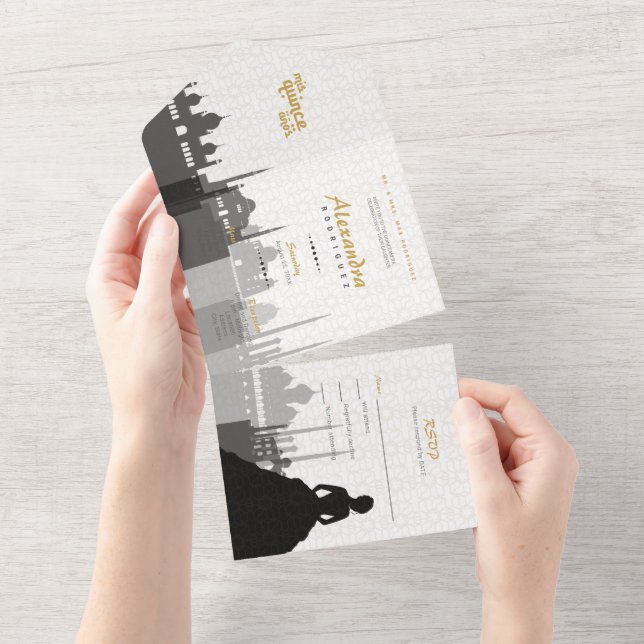 Black & Gold Arabian Quinceañera All In One Invitation (Tearaway)
