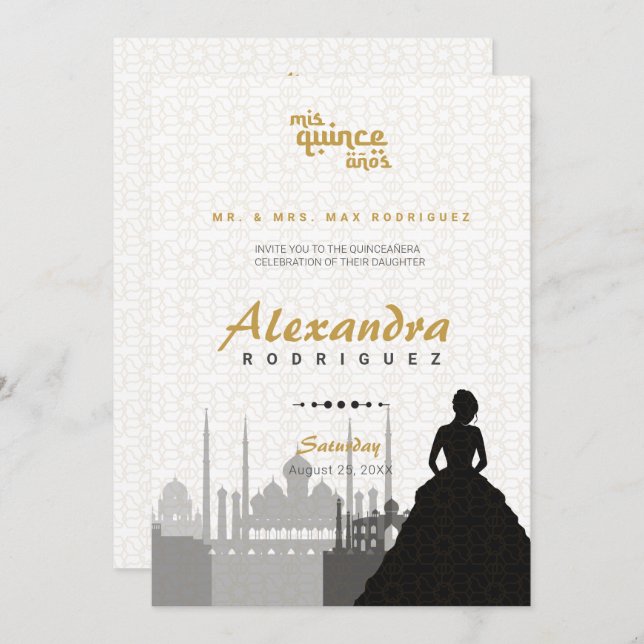 Black & Gold Arabian Quinceañera Photo Invitation (Front/Back)
