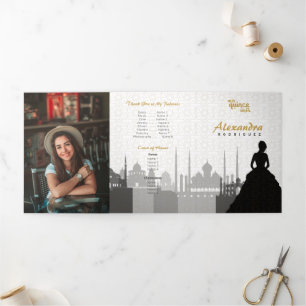 Black & Gold Arabian Quinceañera Photo Tri-Fold Invitation