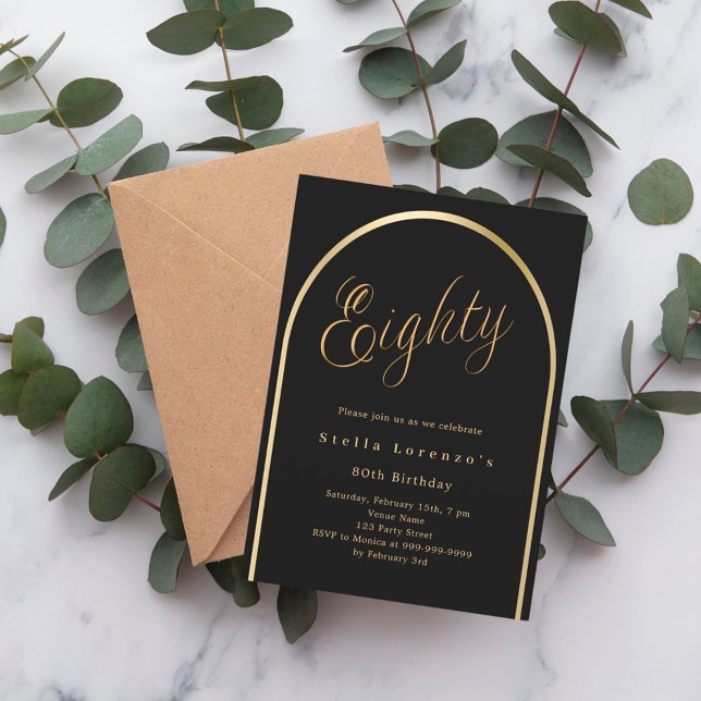 Black gold arch script luxury 80th birthday invitation (Creator Uploaded)