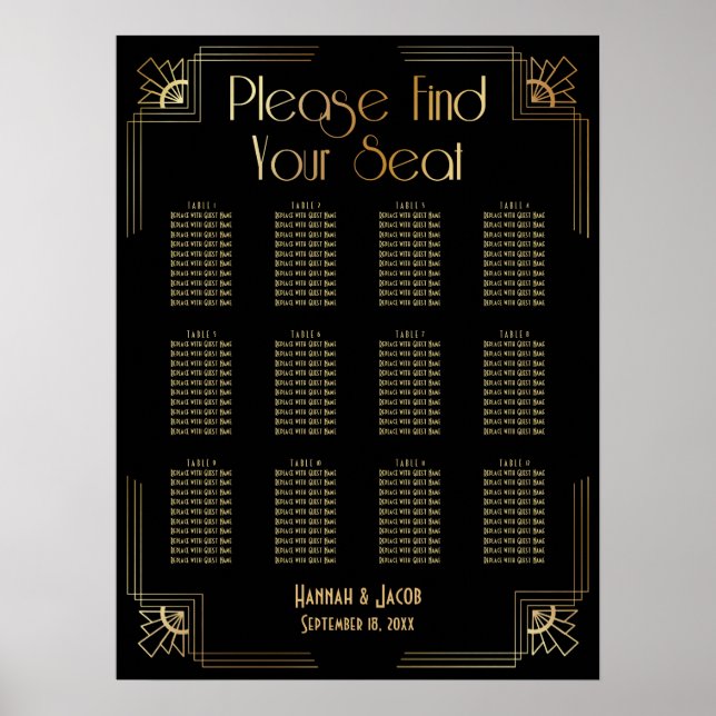 Black & Gold Art Deco 12 Tables Seating Chart (Front)