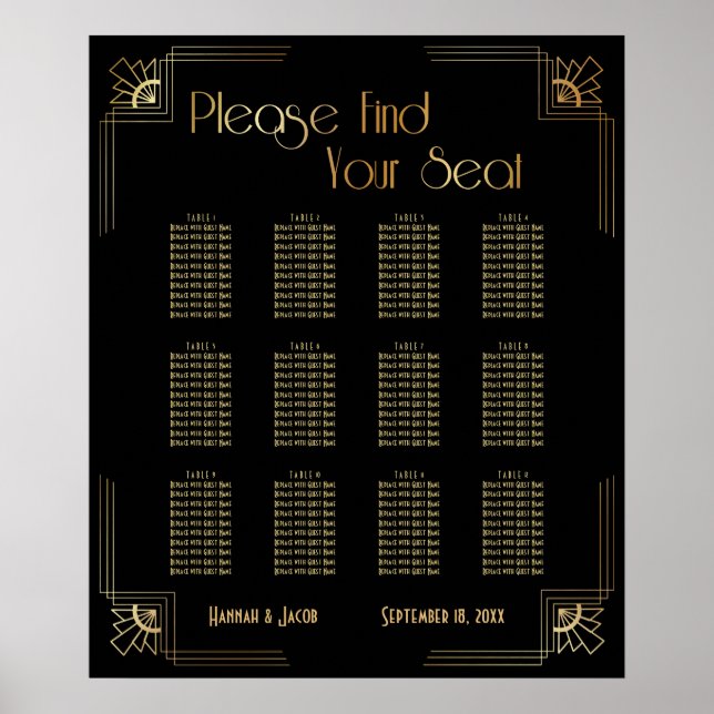 Black & Gold Art Deco 12 Tables Seating Chart (Front)