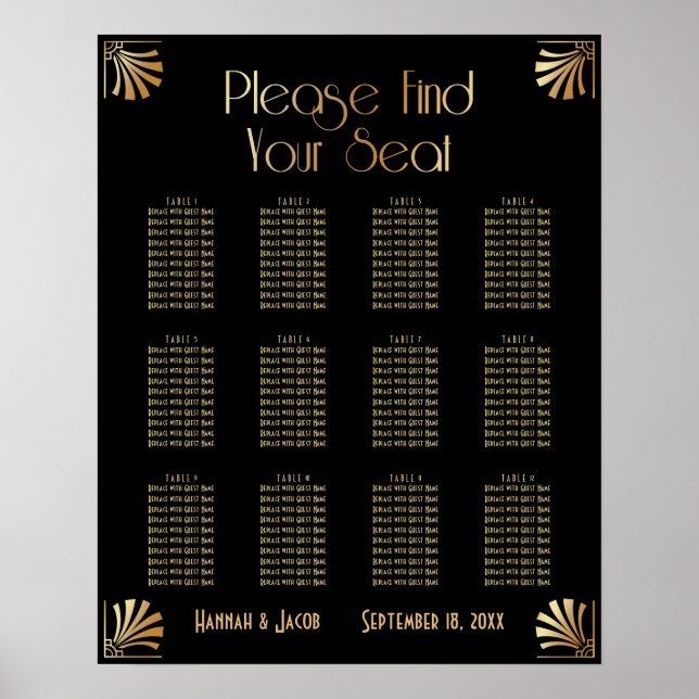 Black & Gold Art Deco 12 Tables Seating Chart (Front)