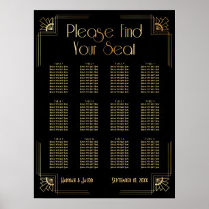 Black & Gold Art Deco 12 Tables Seating Chart