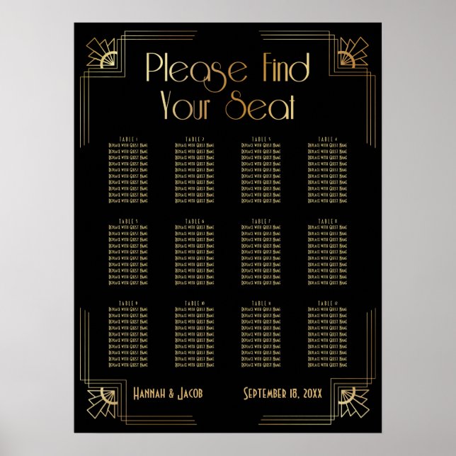 Black & Gold Art Deco 12 Tables Seating Chart (Front)
