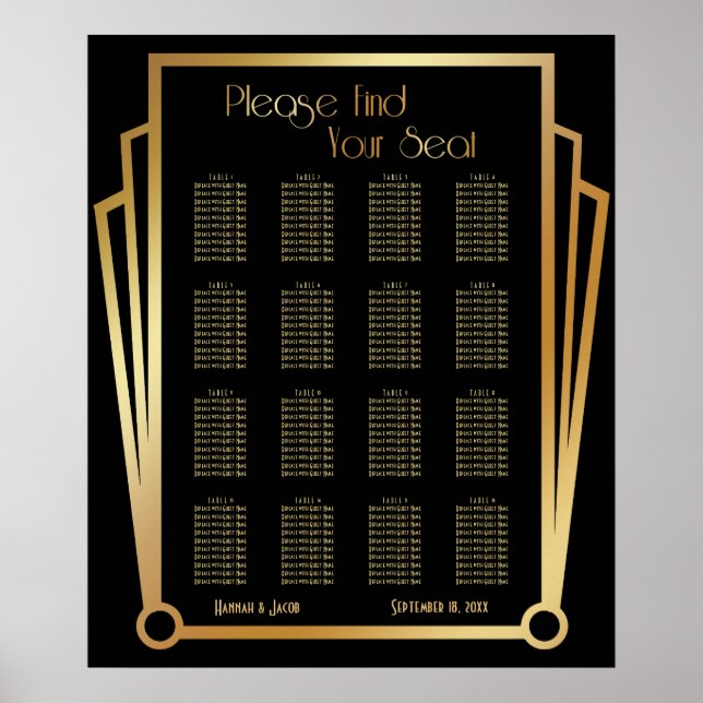Black & Gold Art Deco 16 Tables Seating Chart (Front)