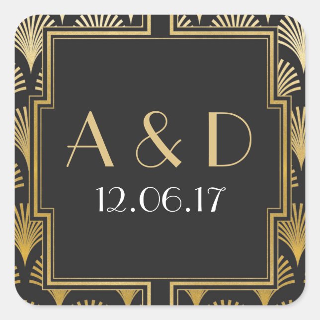 Black & Gold Art Deco 1920's Round Stickers Label (Front)