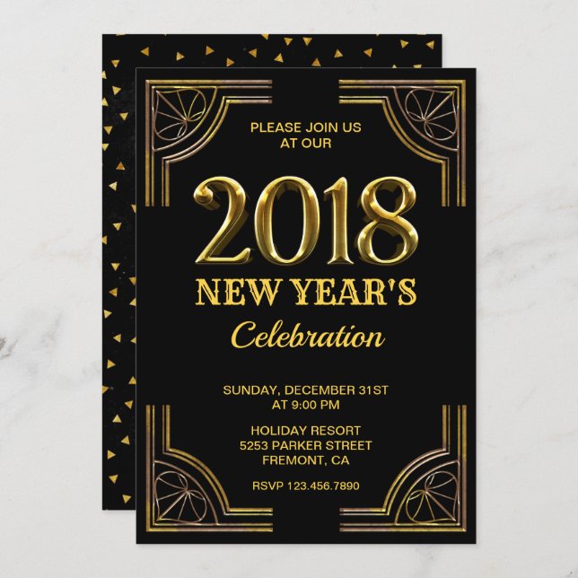 Black Gold Art Deco 2018 New Year's Eve Party Invitation (Front/Back)