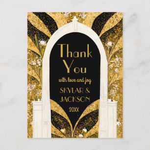 Black & Gold Art Deco Archway Wedding Thank You Postcard