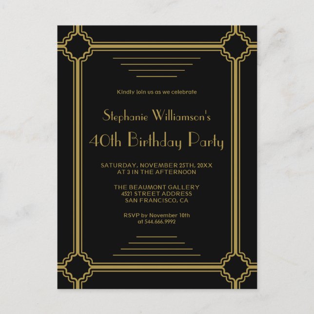 Black & Gold Art Deco Border Birthday Party Invitation Postcard (Front)