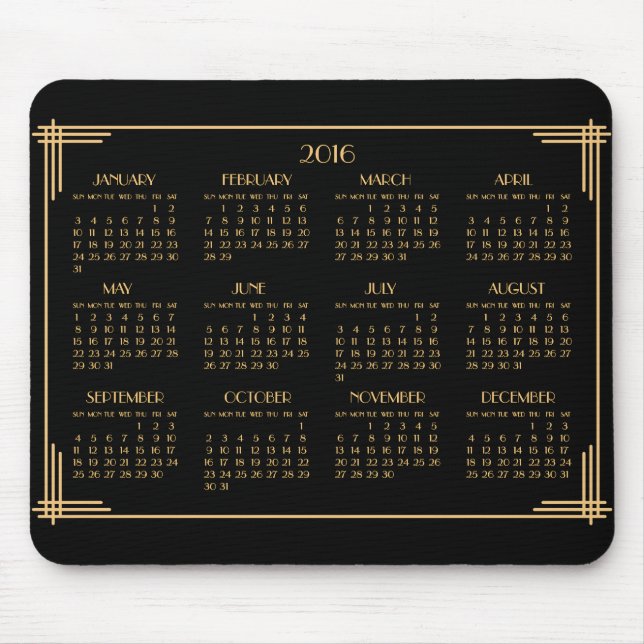 Black Gold Art Deco Calendar 2016 Mouse Pad (Front)