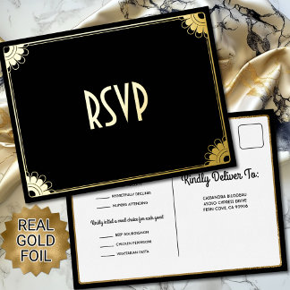 Black Gold Art Deco Chic Floral Wedding RSVP Reply Foil Invitation Postcard