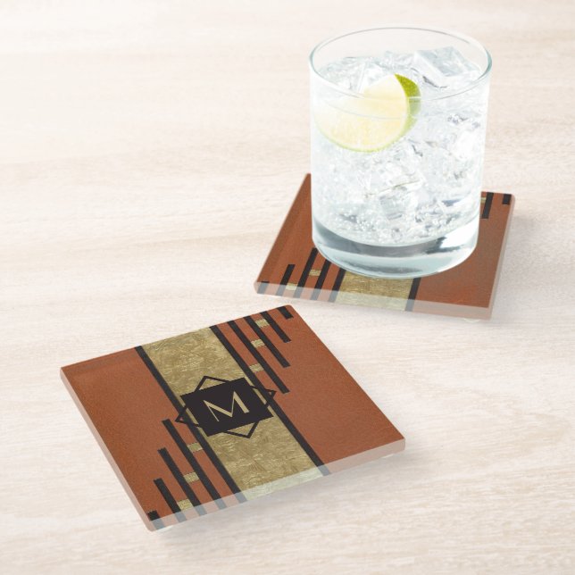 Black & Gold Art Deco Custom Monogram Glass Coaster (Angled)