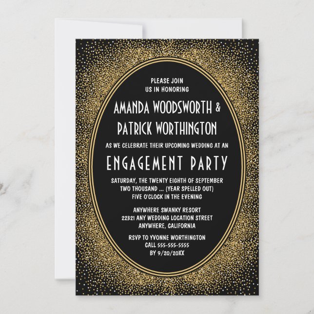 Black & Gold Art Deco Engagement Party Invitations (Front)