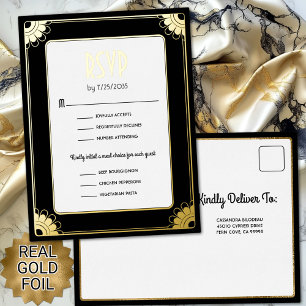 Black Gold Art Deco Flowers Wedding RSVP Reply Foil Invitation Postcard
