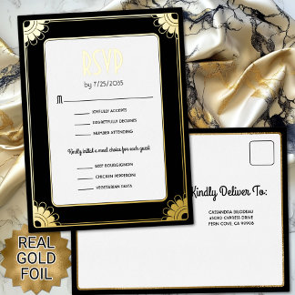 Black Gold Art Deco Flowers Wedding RSVP Reply Foil Invitation Postcard