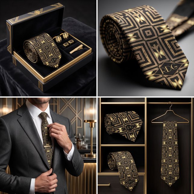 Black Gold Art Deco Geometric Monogram Tie (necktie featuring a black, taupe, and glowing yellow geometric Art Deco and Aztec inspired pattern)