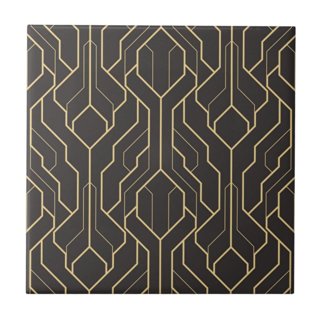 Black Gold Art Deco Geometric Pattern Ceramic Tile (Front)