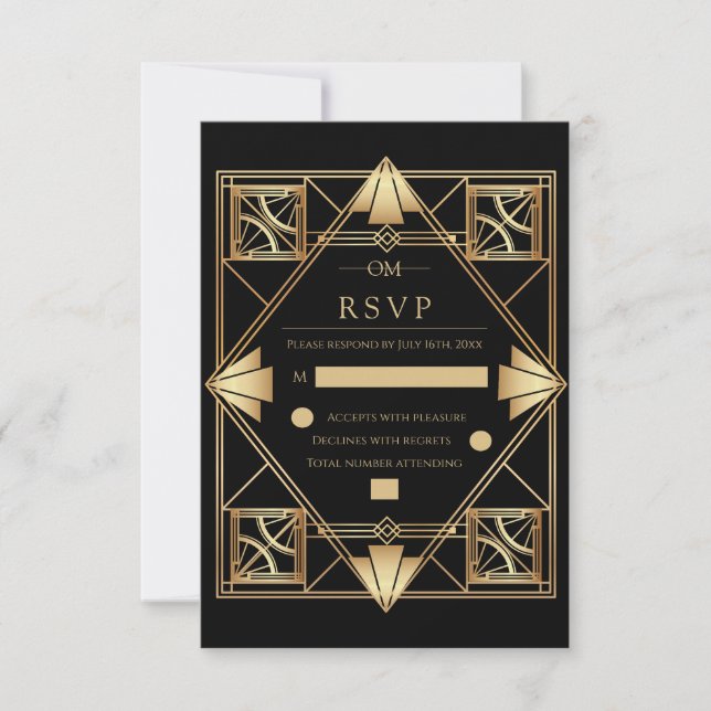 Black & Gold Art Deco Geometric Wedding  RSVP Card (Front)