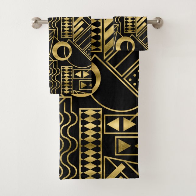 Black gold art deco pattern bath towel set (Insitu)