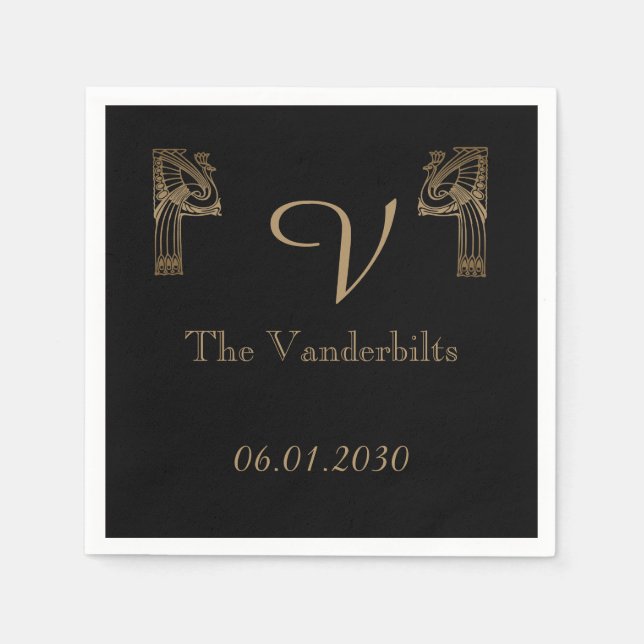 Black Gold Art Deco Peacock Wedding Napkin (Front)
