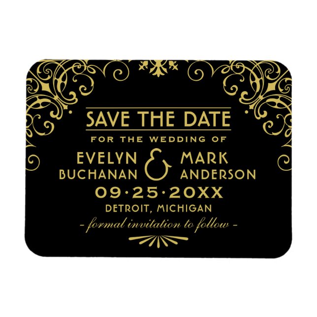 Black Gold Art Deco Scrollwork Save Date Magnet (Horizontal)