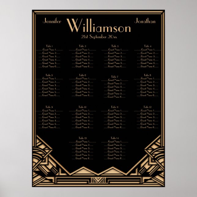 Black Gold Art Deco Style Wedding Seating Chart (Front)
